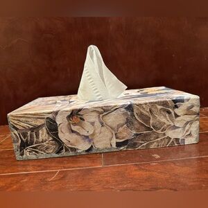 Refinished Wooden Tissue Holder in Neutral Florals and Blues